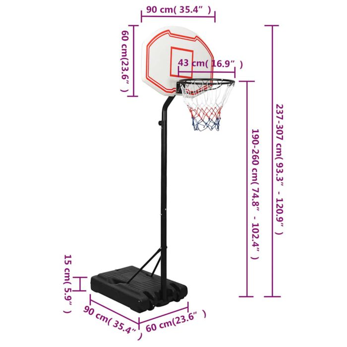 vidaXL Basketballstativ hvit 237-307 cm polyeten