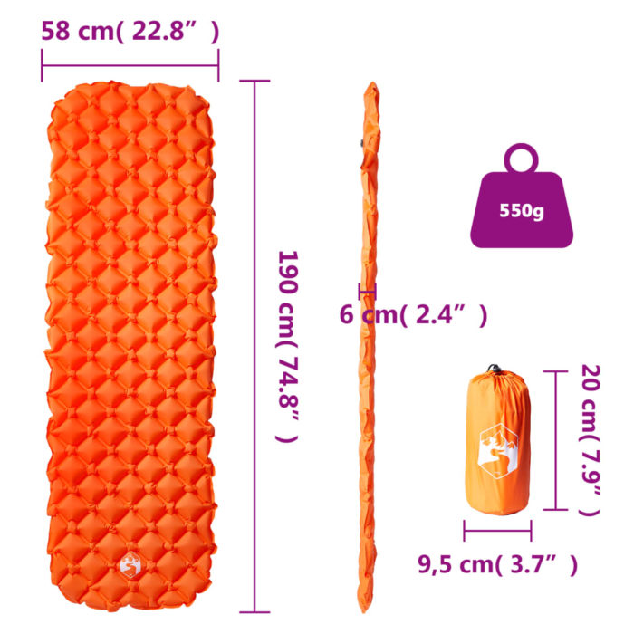 vidaXL Oppblåsende campingmadrass for 1 person oransje 190x58x6 cm