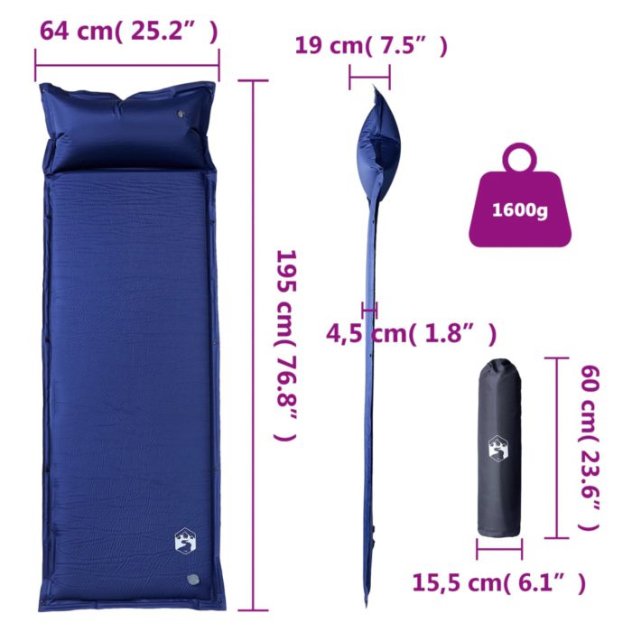 vidaXL Selvoppblåsende campingmadrass med pute for 1 person marineblå