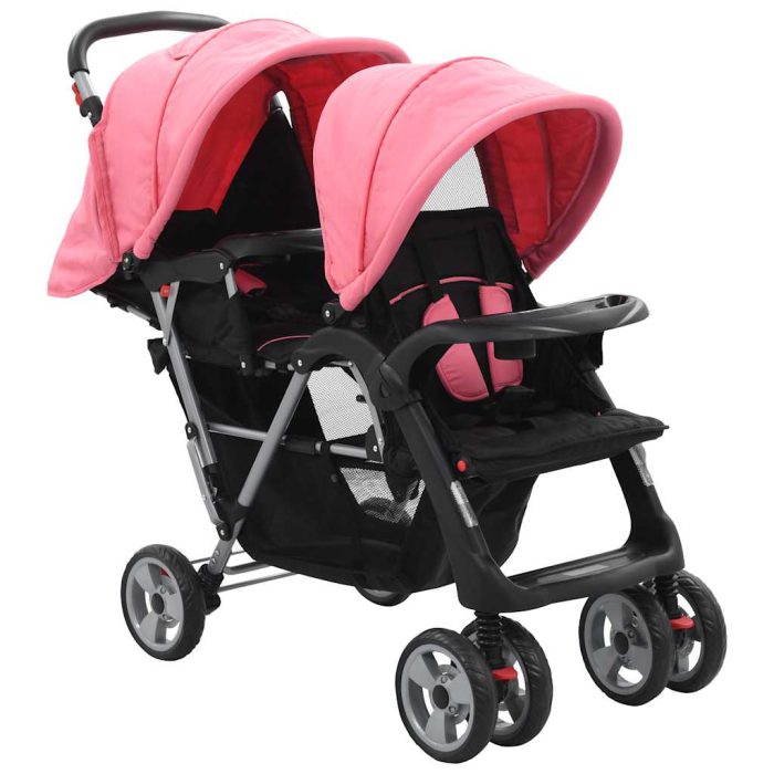 vidaXL Tandemvogn rosa og svart stål
