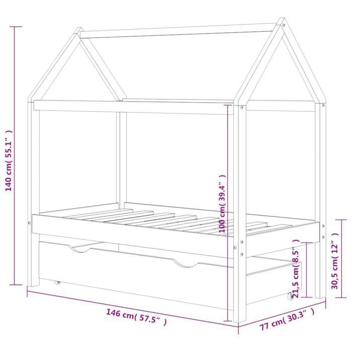vidaXL Ramme for barneseng med skuff heltre furu 70×140 cm