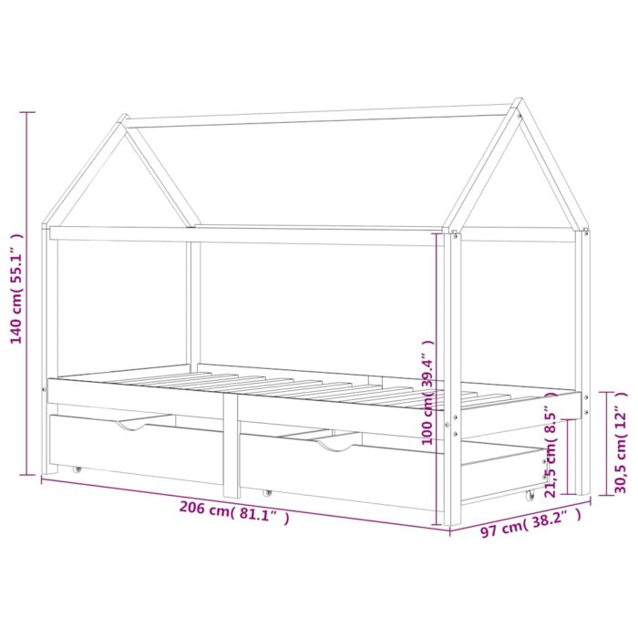 vidaXL Sengeramme for barn med skuffer heltre furu 90×200 cm