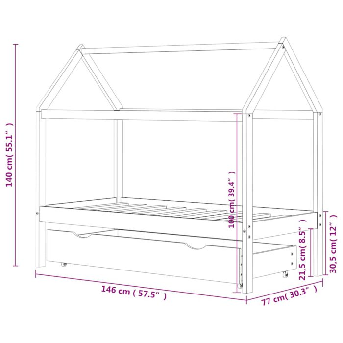 vidaXL Ramme for barneseng med skuff hvit heltre furu 70×140 cm
