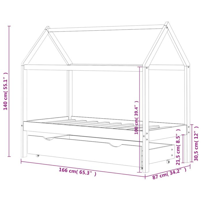 vidaXL Ramme for barneseng med skuff heltre furu hvit 80×160 cm