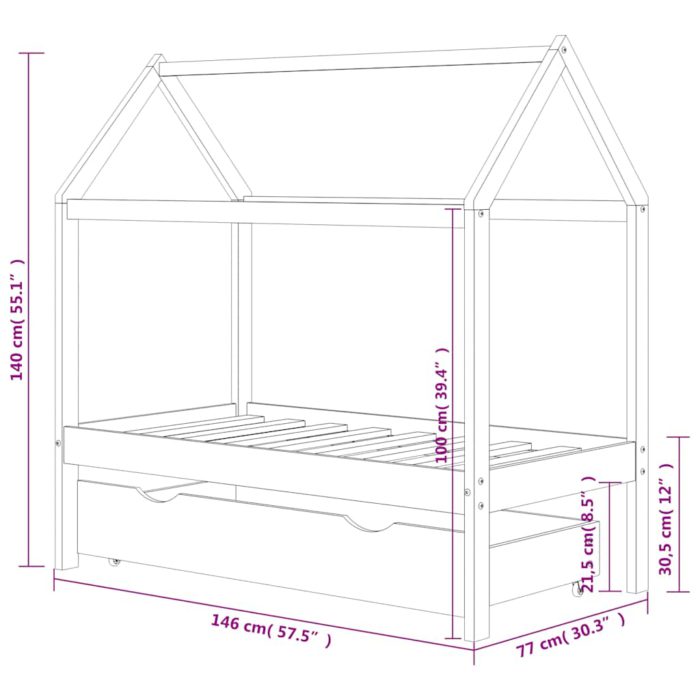 vidaXL Sengeramme for barn med skuff heltre furu 70×140 cm mørkegrå