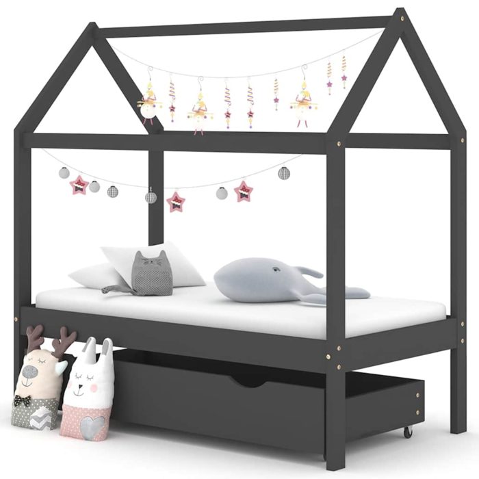 vidaXL Sengeramme for barn med skuff heltre furu 70×140 cm mørkegrå