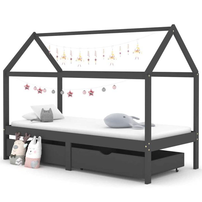 vidaXL Sengeramme for barn med skuffer heltre furu 90×200 cm mørkegrå
