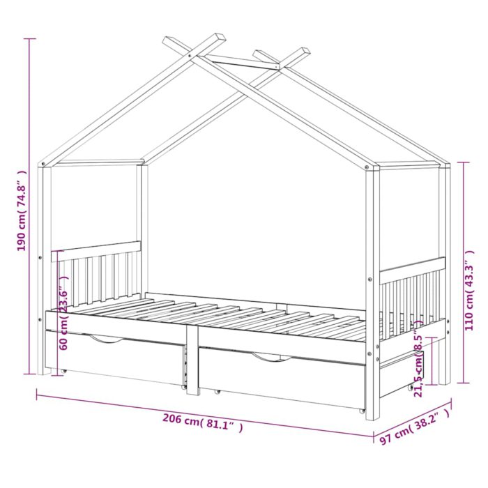 vidaXL Ramme for barneseng med skuffer hvit heltre furu 90×200 cm