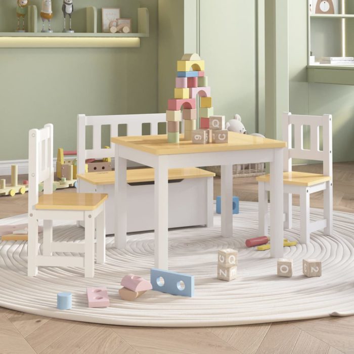 vidaXL Bord- og stolsett for barn 4 deler hvit og beige MDF
