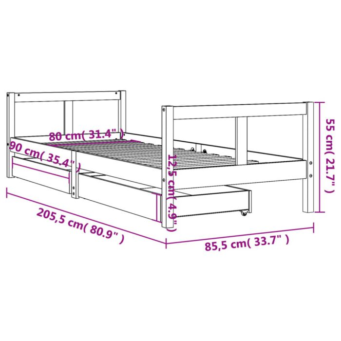 vidaXL Barnesengeramme med skuffer svart 80×200 cm heltre furu