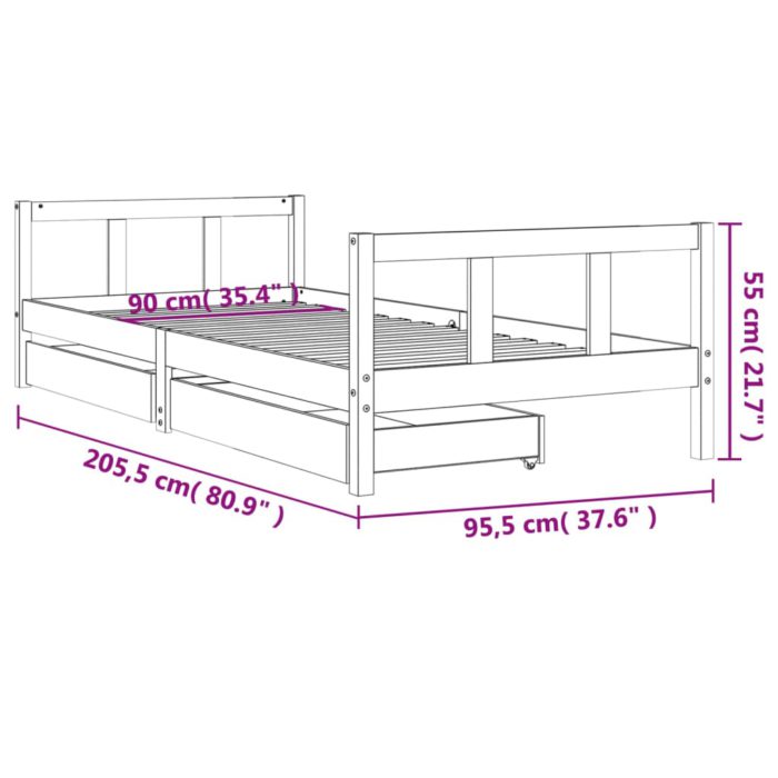 vidaXL Barnesengeramme med skuffer hvit 90×200 cm heltre furu