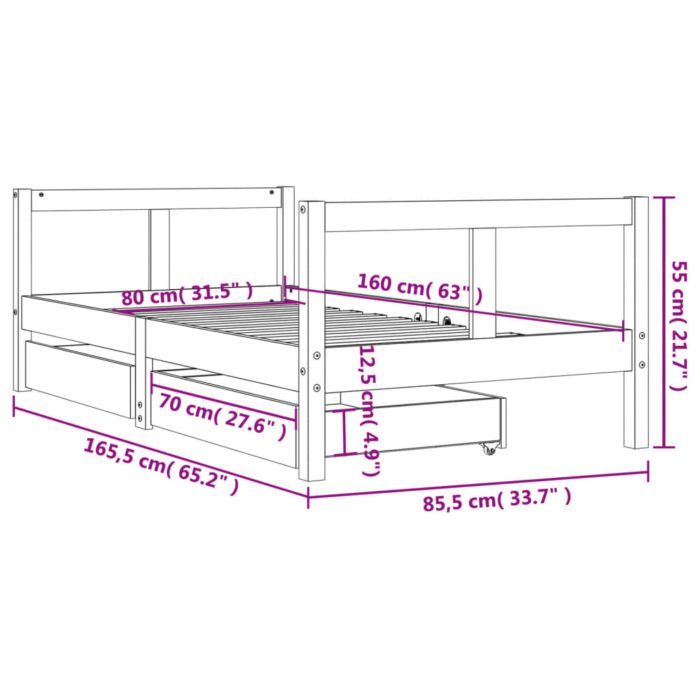 vidaXL Barnesengeramme med skuffer svart 80×160 cm heltre furu