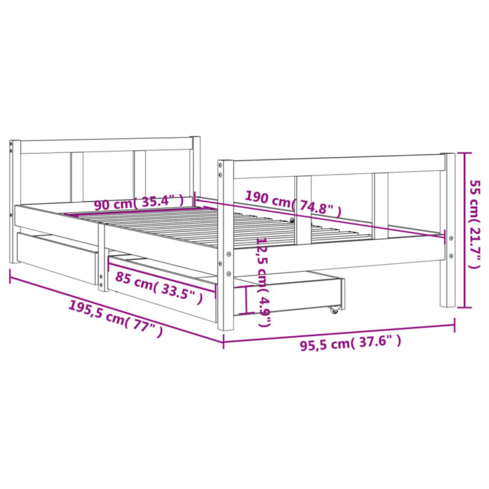 vidaXL Barnesengeramme med skuffer svart 90×190 cm heltre furu