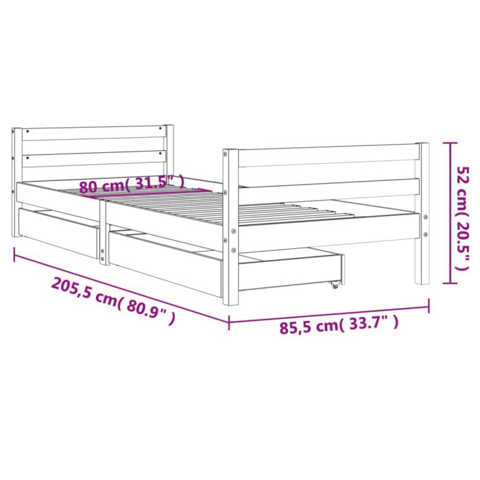 vidaXL Barnesengeramme med skuffer hvit 80×200 cm heltre furu