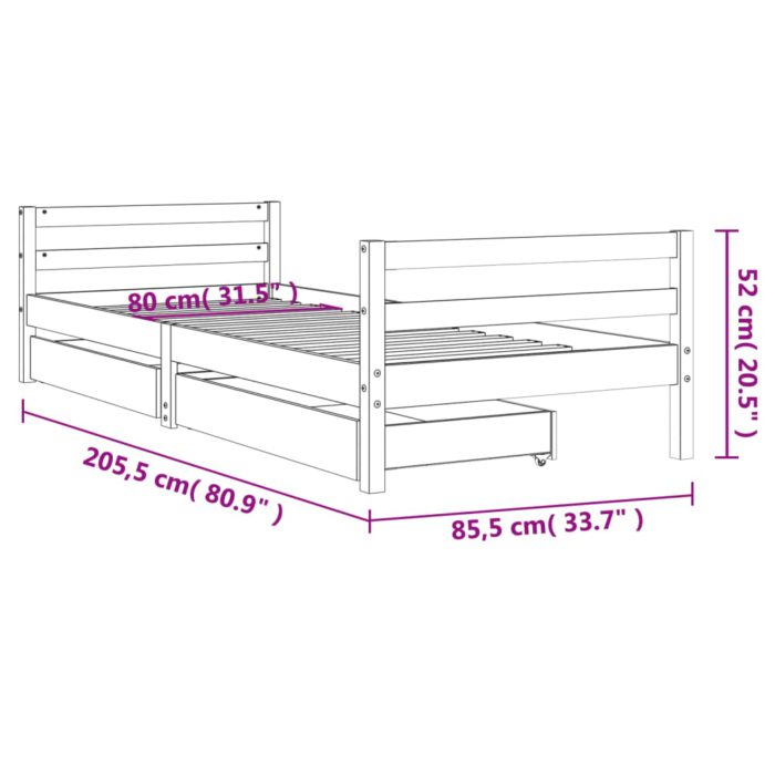 vidaXL Barnesengeramme med skuffer svart 80×200 cm heltre furu