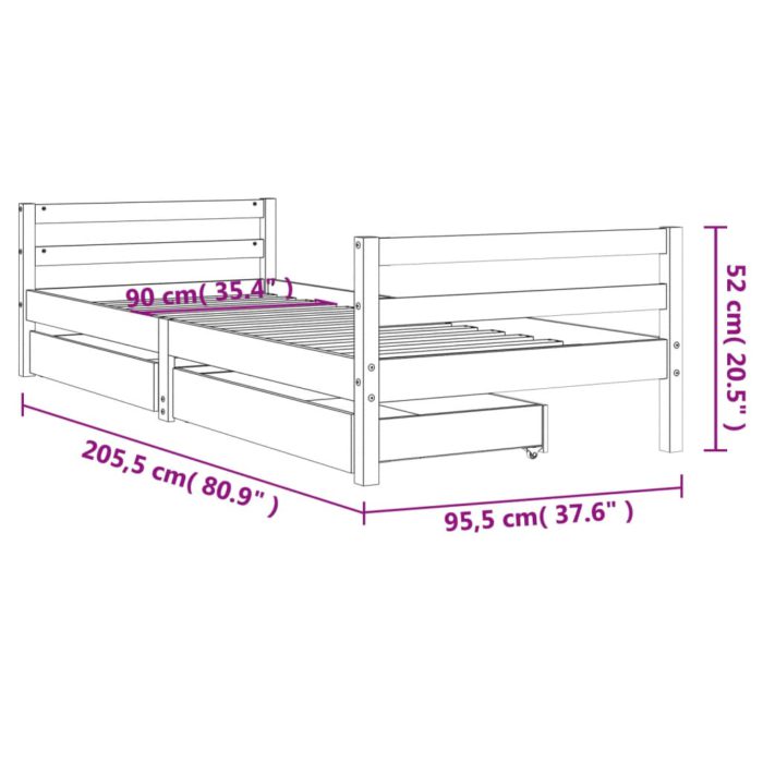vidaXL Barnesengeramme med skuffer hvit 90×200 cm heltre furu