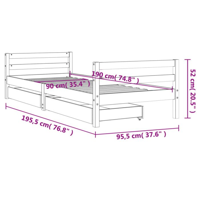 vidaXL Barnesengeramme med skuffer hvit 90×190 cm heltre furu
