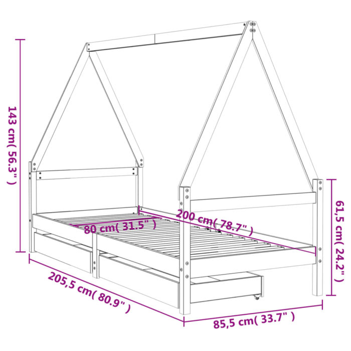 vidaXL Barnesengeramme med skuffer hvit 80×200 cm heltre furu
