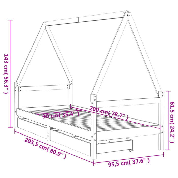 vidaXL Barnesengeramme med skuffer hvit 90×200 cm heltre furu