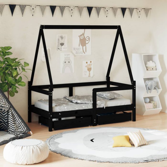 vidaXL Barnesengeramme med skuffer svart 70×140 cm heltre furu