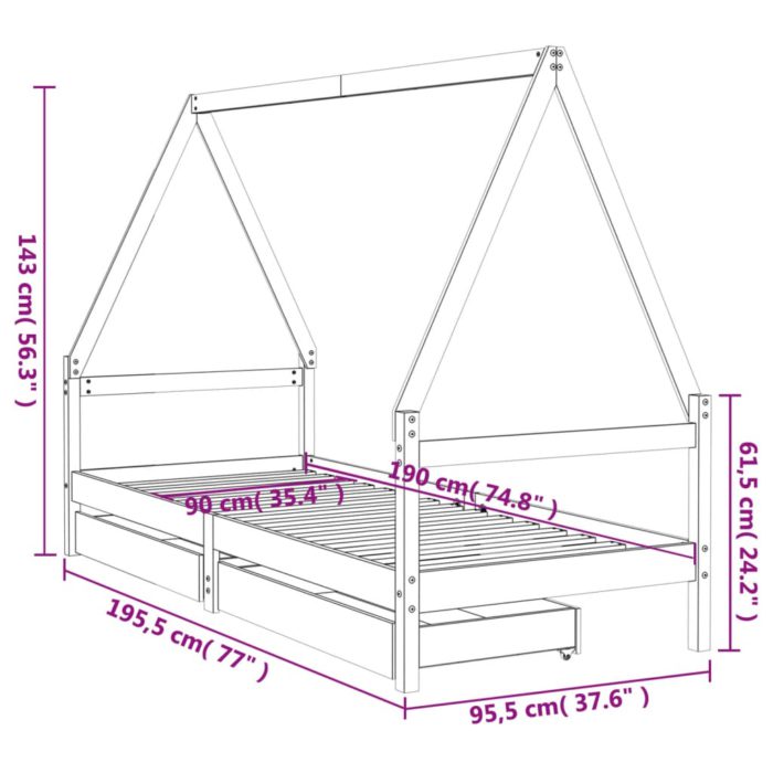 vidaXL Barnesengeramme med skuffer 90×190 cm heltre furu