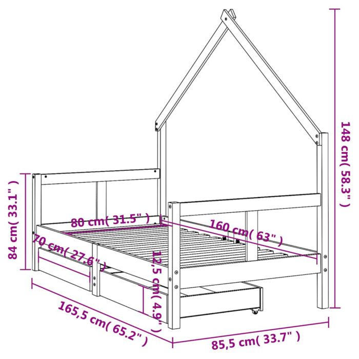 vidaXL Barnesengeramme med skuffer 80×160 cm heltre furu