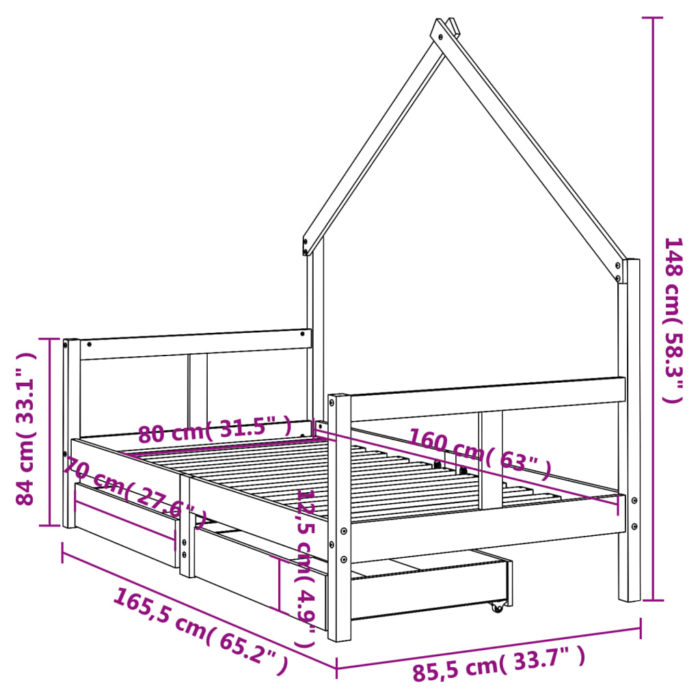 vidaXL Barnesengeramme med skuffer svart 80×160 cm heltre furu