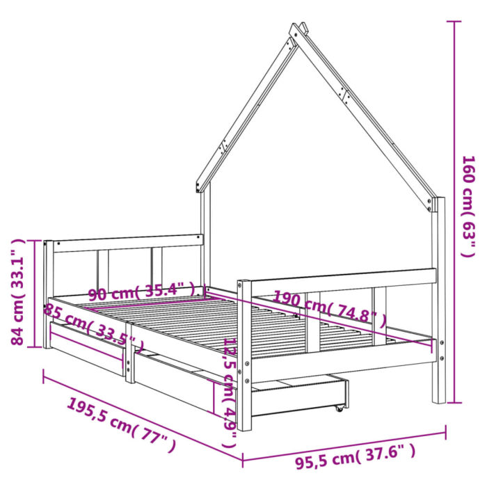 vidaXL Barnesengeramme med skuffer 90×190 cm heltre furu