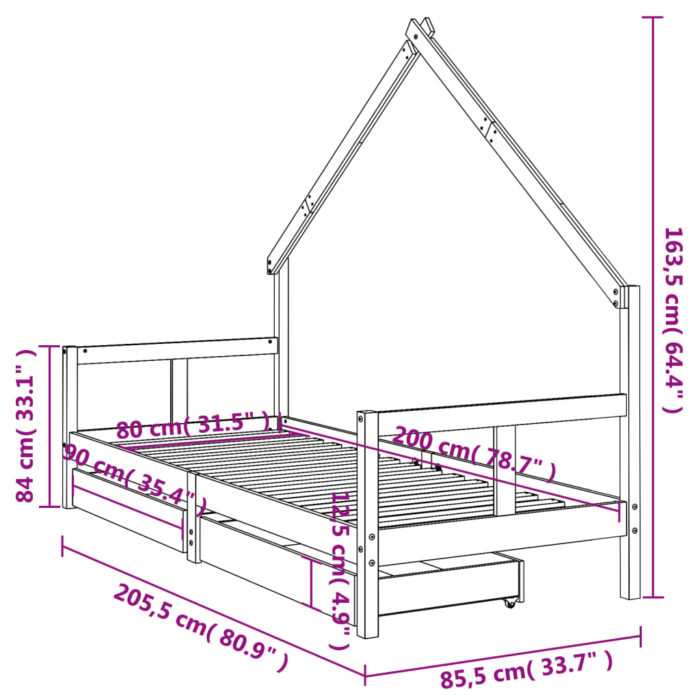 vidaXL Barnesengeramme med skuffer svart 80×200 cm heltre furu