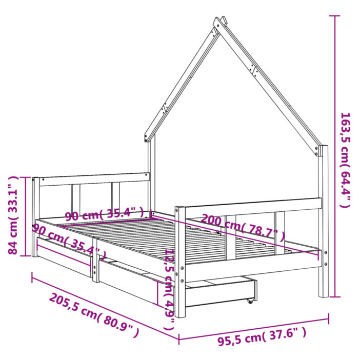 vidaXL Barnesengeramme med skuffer hvit 90×200 cm heltre furu