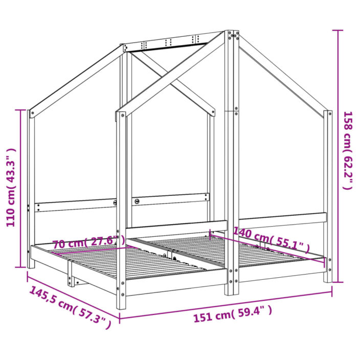 vidaXL Barnesengeramme svart 2x(70×140) cm heltre furu